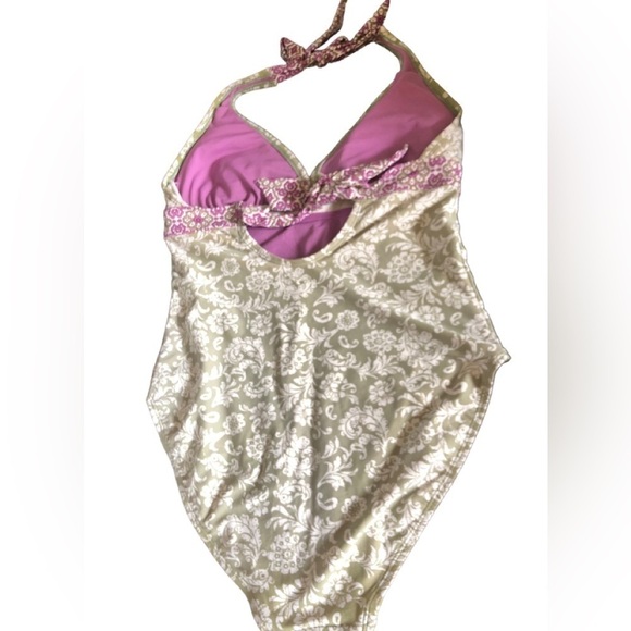 Athleta One Piece Halter Swimsuit Sz. XL Celery Purple Floral Cut Out Tied Back - Picture 3 of 7